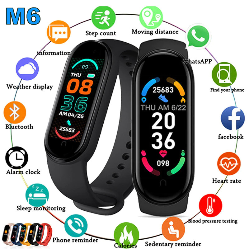 M6 Smart Bracelet Watch Fitness Tracker Smartband Heart Rate Blood Pressure Monitor Smart Band For XIaomi iOS Android Phone (M4 M5 Upgraded Version)