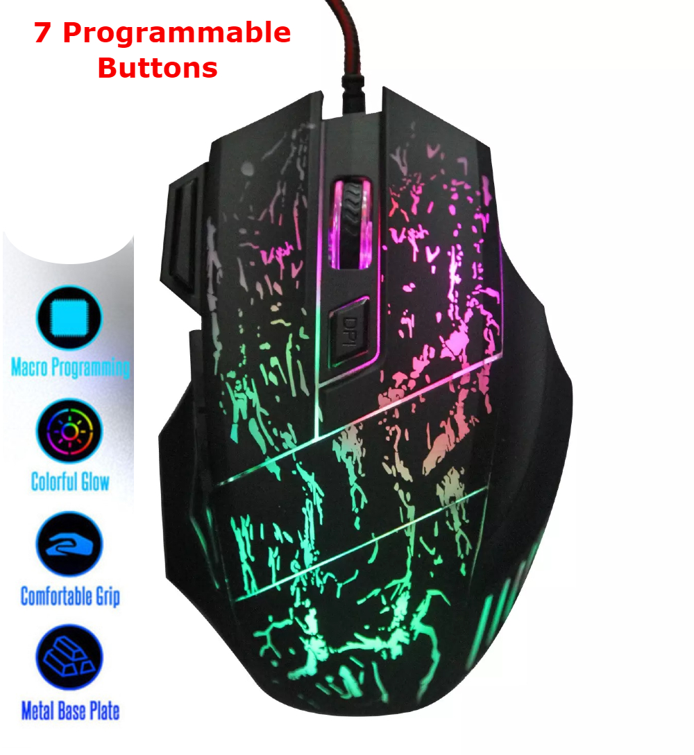 X7 Wired Gaming Mouse for Professional PC gamer with 7 Programmable Buttons and Colorful LED Lights, Ergonomic Design to Lower Hand Fatigue and Optical Sensor