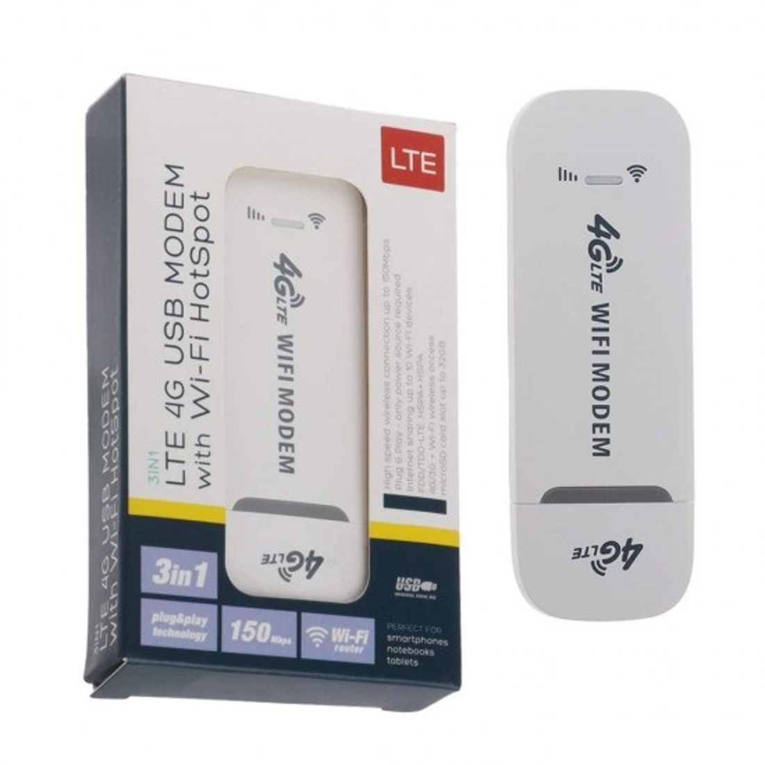 3 IN 1 LTE 4G USB Dongle MODEM with Wi-Fi Hotspot with upto 150Mbps, Plug & Play perfect for smartphones, notebooks, tablets