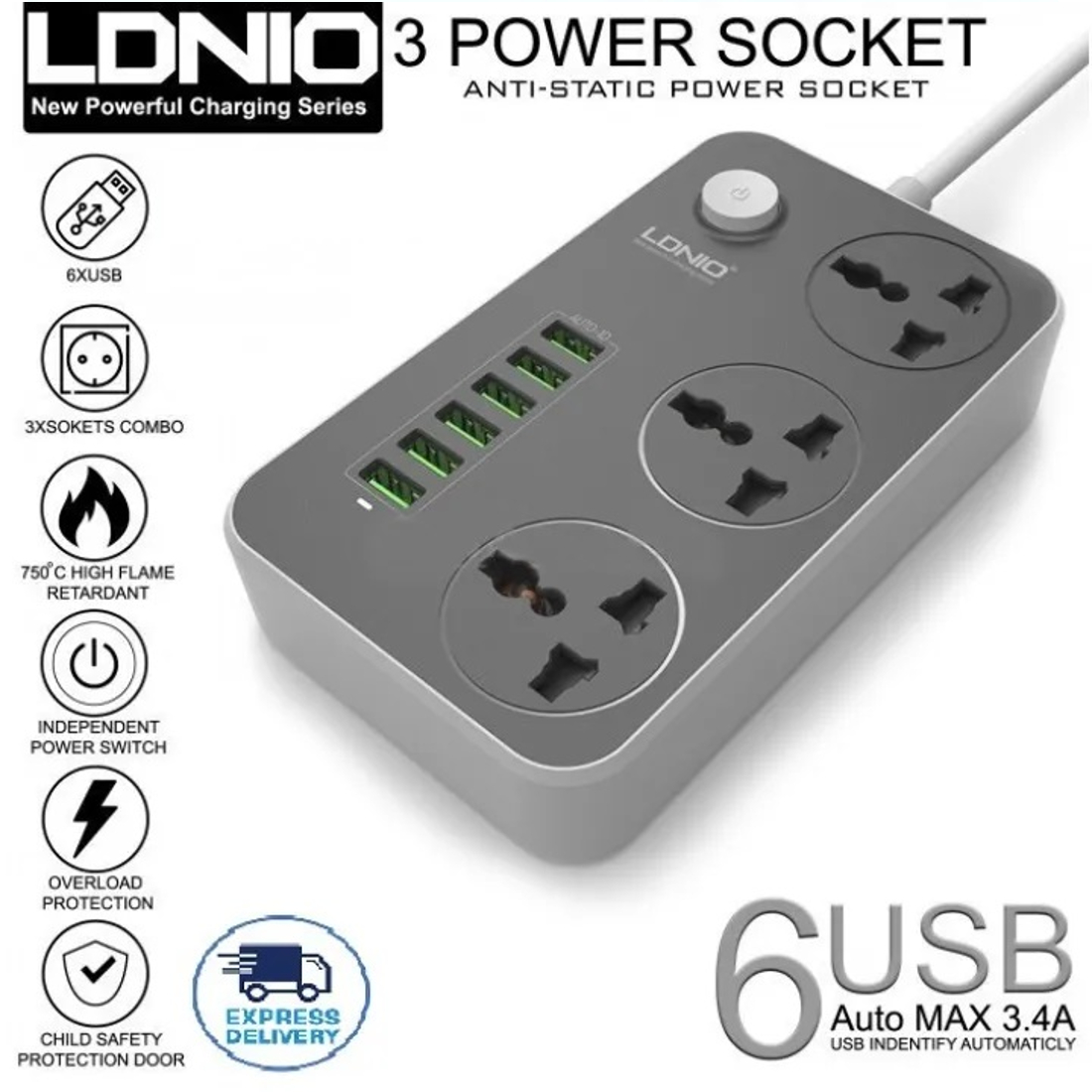 LDNIO 5V 3.4A 3 International Power Socket 6 USB Port LDNIO SC3604 3.4A Power Socket With 3AC + 6USB Charger Adapter Multiplug