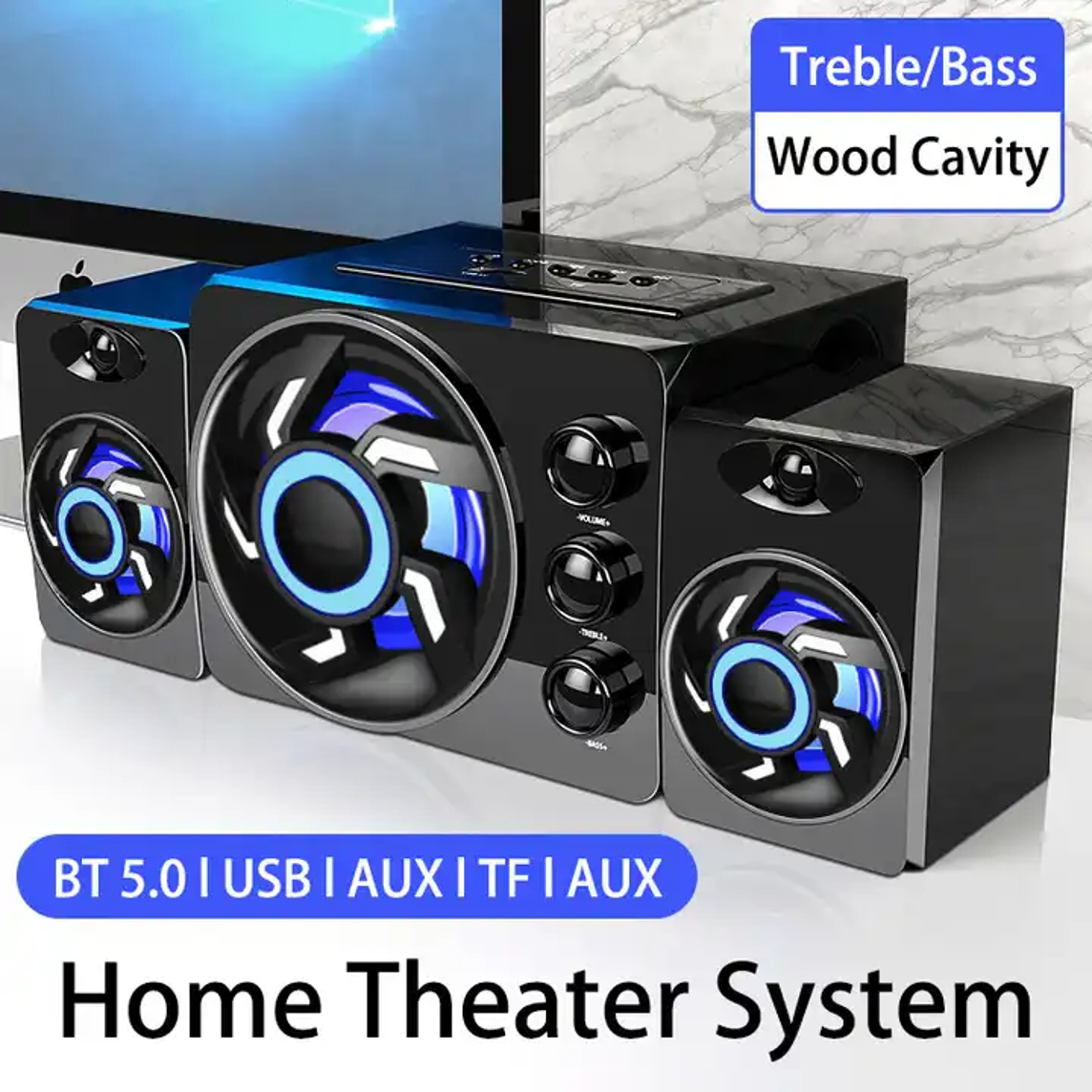KISONLI TM-8000A Colorful LED Light Desktop Computer Speaker and Bluetooth/USB/AUX/TF Card Support Subwoofer 2.1 Gaming Multimedia Speakers